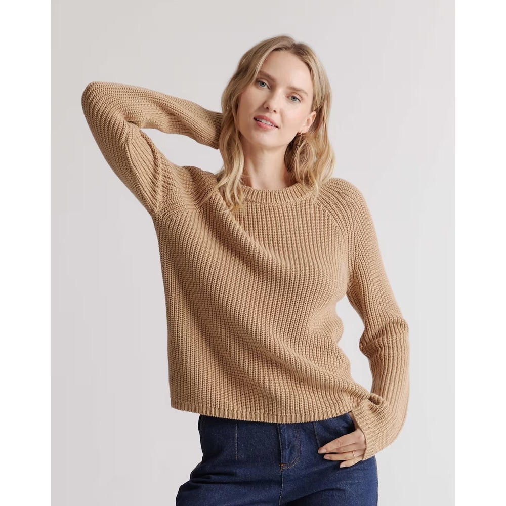 Quince 100% Organic Cotton Fisherman Crew Sweater in Camel Size Large